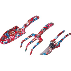 Set di attrezzi da giardino a mano da 3 pezzi con motivo floreale: paletta, rastrello e cesoie.