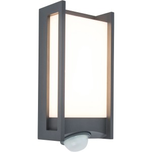 Moderna lampada da parete per esterni a LED Lutec Qubo con sensore di movimento, in alluminio e plastica.