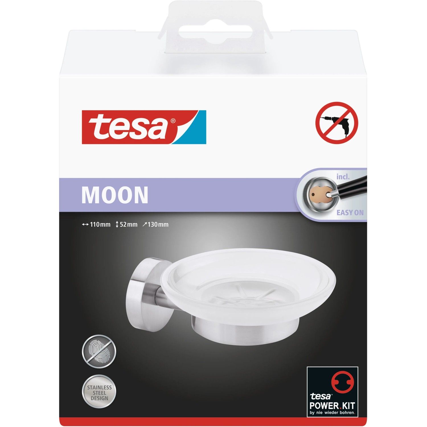 Portasapone Tesa Moon in acciaio inox per montaggio a parete senza forare.
