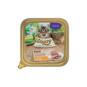Stuzzy cibo umido per gatti paté con pollo, alimento per gatti sterilizzati in vaschetta da 100g.