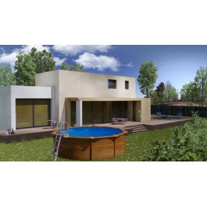 Piscina rotonda Gre Pool Sicilia effetto legno, Ø 460 cm, alta 120 cm, con scala davanti a una casa.