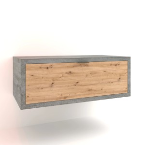 Mobile bagno sospeso moderno con frontale in legno e cornice effetto cemento.