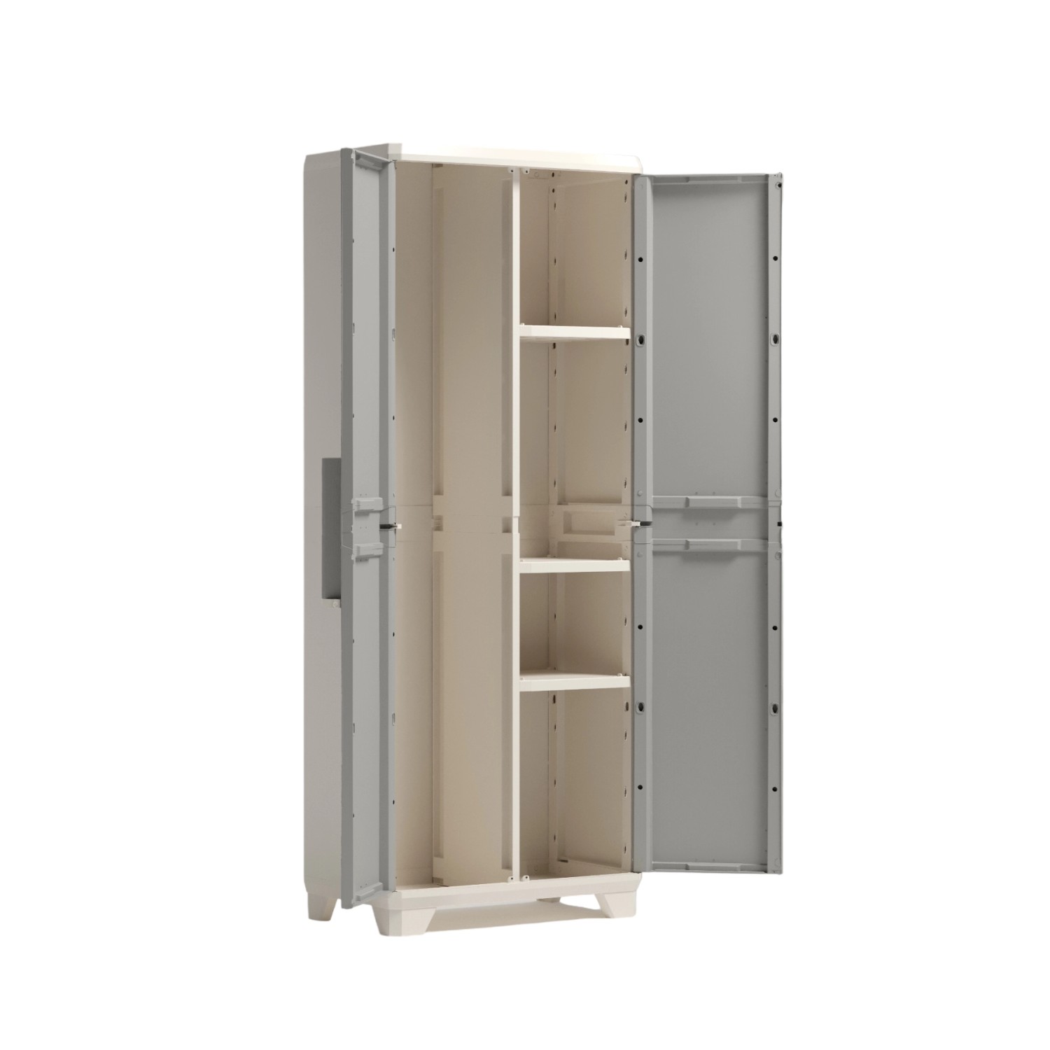 Armadio da balcone t.b.t. grigio aperto con ripiani.