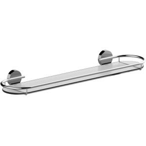 Mensola a muro cromata con base in vetro per accessori bagno.