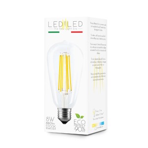 Lampadina LED E27 nella confezione. Forma a pera, 8W, 880lm, 2700K bianco caldo. Efficienza energetica.