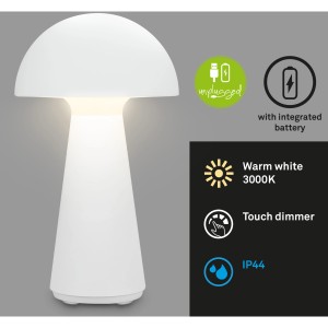 Lampada da tavolo a batteria bianca Brilo Fungo, design a fungo, dimmer touch, protezione IP44.
