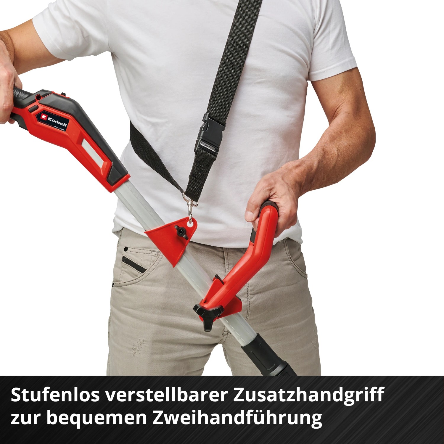 Einhell GE-CT 18/33 Li E-Solo tagliaerba a batteria con tracolla e impugnatura supplementare.