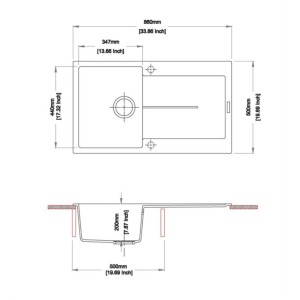 Disegno tecnico: Lavello in acciaio inox con dimensioni (lunghezza 860mm, larghezza 500mm).
