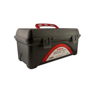 Cassetta porta attrezzi nera con manico rosso.