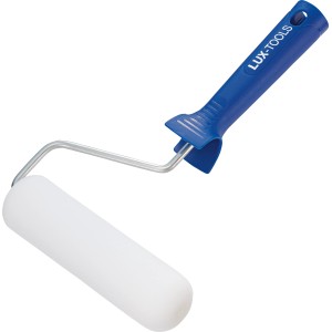Rullo in schiuma LUX, 16 cm, bianco, per laccature fini su superfici lisce. Rullo per pittura con manico blu.