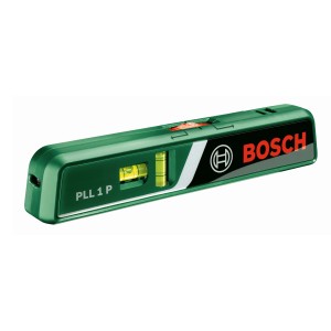 Livella laser Bosch PLL 1 P, corpo verde con livella a bolla e logo, uno strumento di misura per un allineamento preciso.