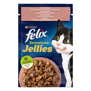 Felix Sensations Jellies cibo umido per gatti con salmone e gamberetti in gelatina, senza coloranti.