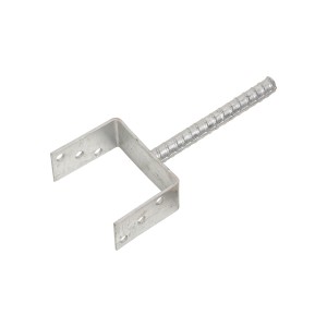 Supporto per palo a U da cementare, larghezza 121 mm, con tassello scanalato per strutture in legno.