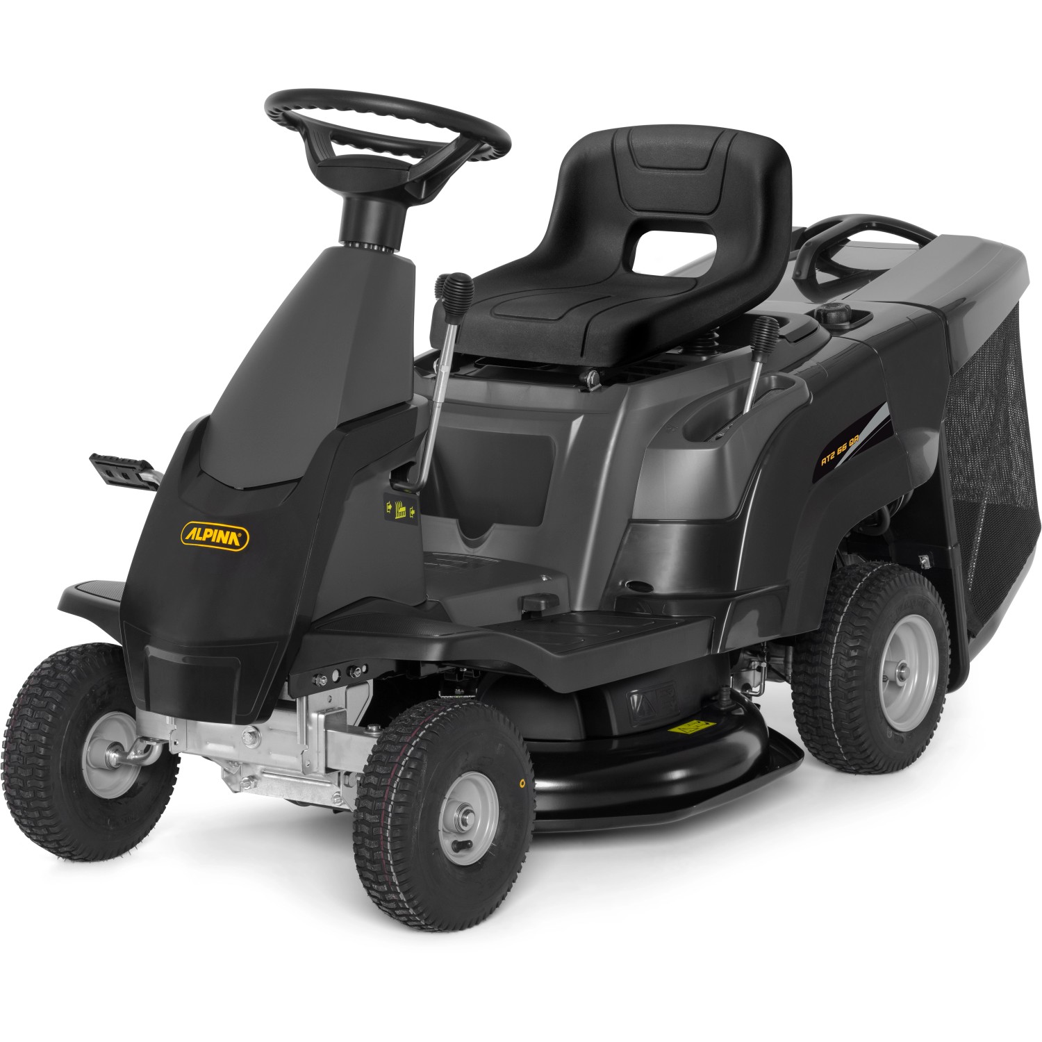 Trattorino tagliaerba Alpina AT2 66 QA, compatto con cesto di raccolta.