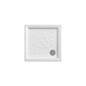 Piatto doccia quadrato bianco con rilievi e scarico.
