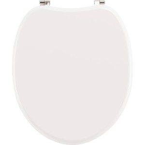 Sedile WC baliv Logone bianco con anima in legno MDF e cerniere cromate, vista dall'alto.