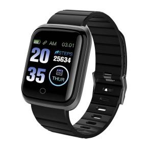 Smartwatch nera con contapassi e visualizzazione della data come accessorio per cellulare.