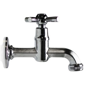 Rubinetto cromato per fontana da giardino con maniglia a croce.