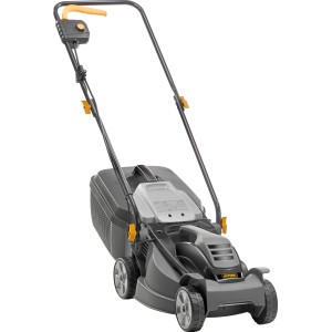 Tagliaerba elettrico grigio con cesto di raccolta. Ideale per piccoli giardini.