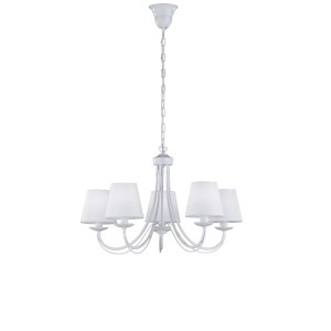 Lampada a sospensione t.b.t. bianca con 5 paralumi per interni.