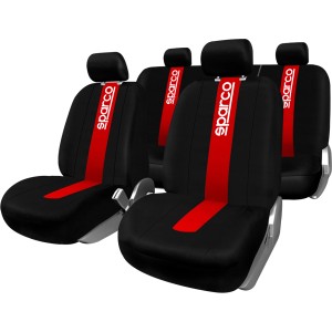 Coprisedili auto Sparco neri con striscia rossa per accessori interni auto.