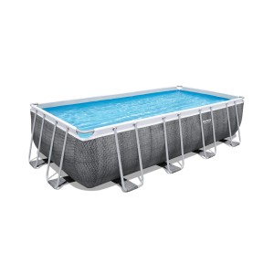 Piscina fuori terra rettangolare con telaio in acciaio e rivestimento grigio. Ideale per il giardino.