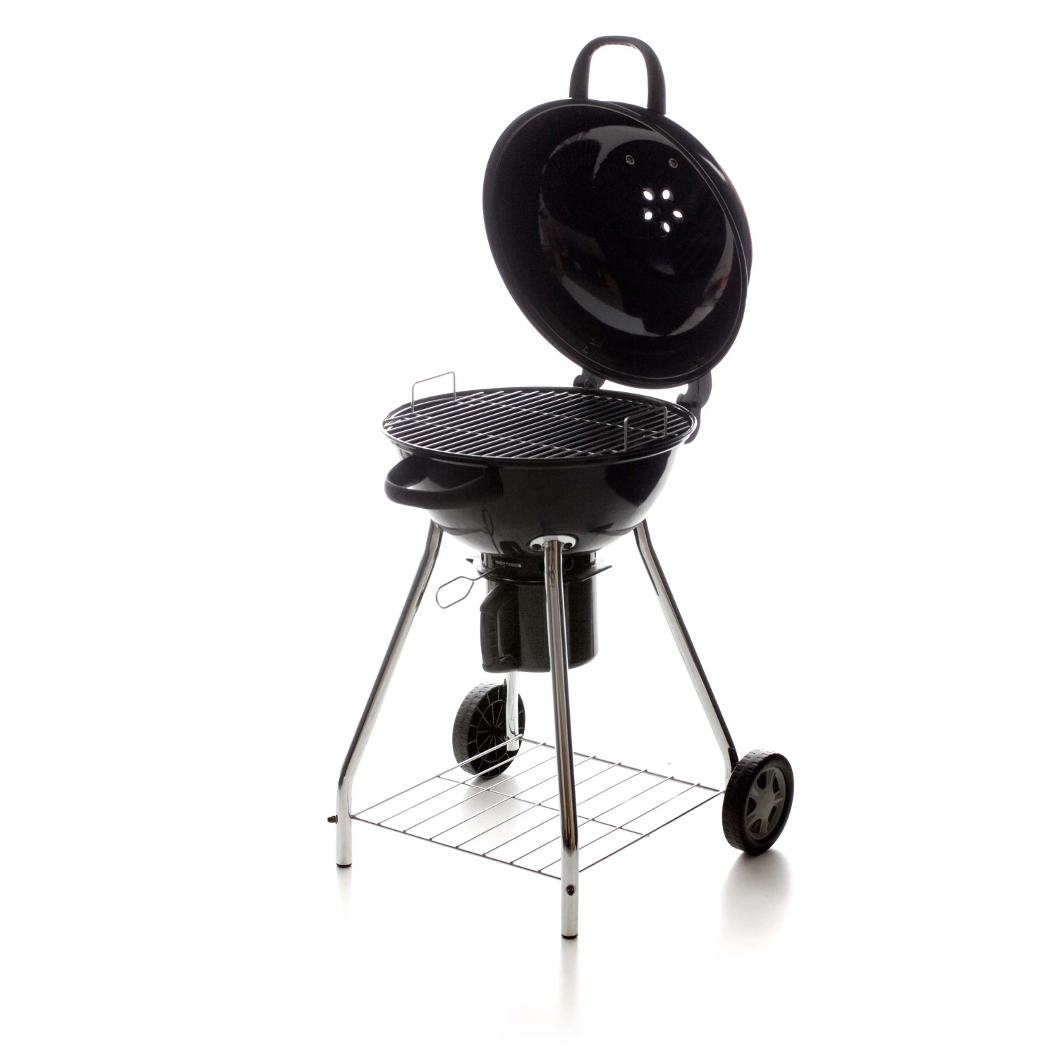 Barbecue a carbone nero con coperchio aperto e telaio cromato. Ideale per grigliate.