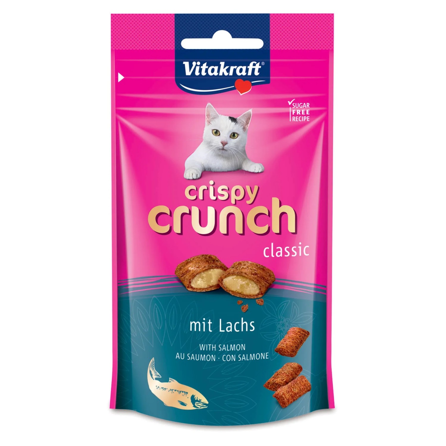 Vitakraft Crispy Crunch Salmone, snack per gatti da 60g in sacchetto rosa con snack e gatto.