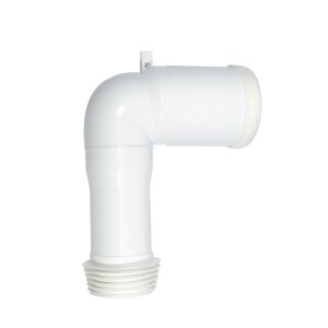 Raccordo WC bianco, curva a 90 gradi con estremità scanalata.