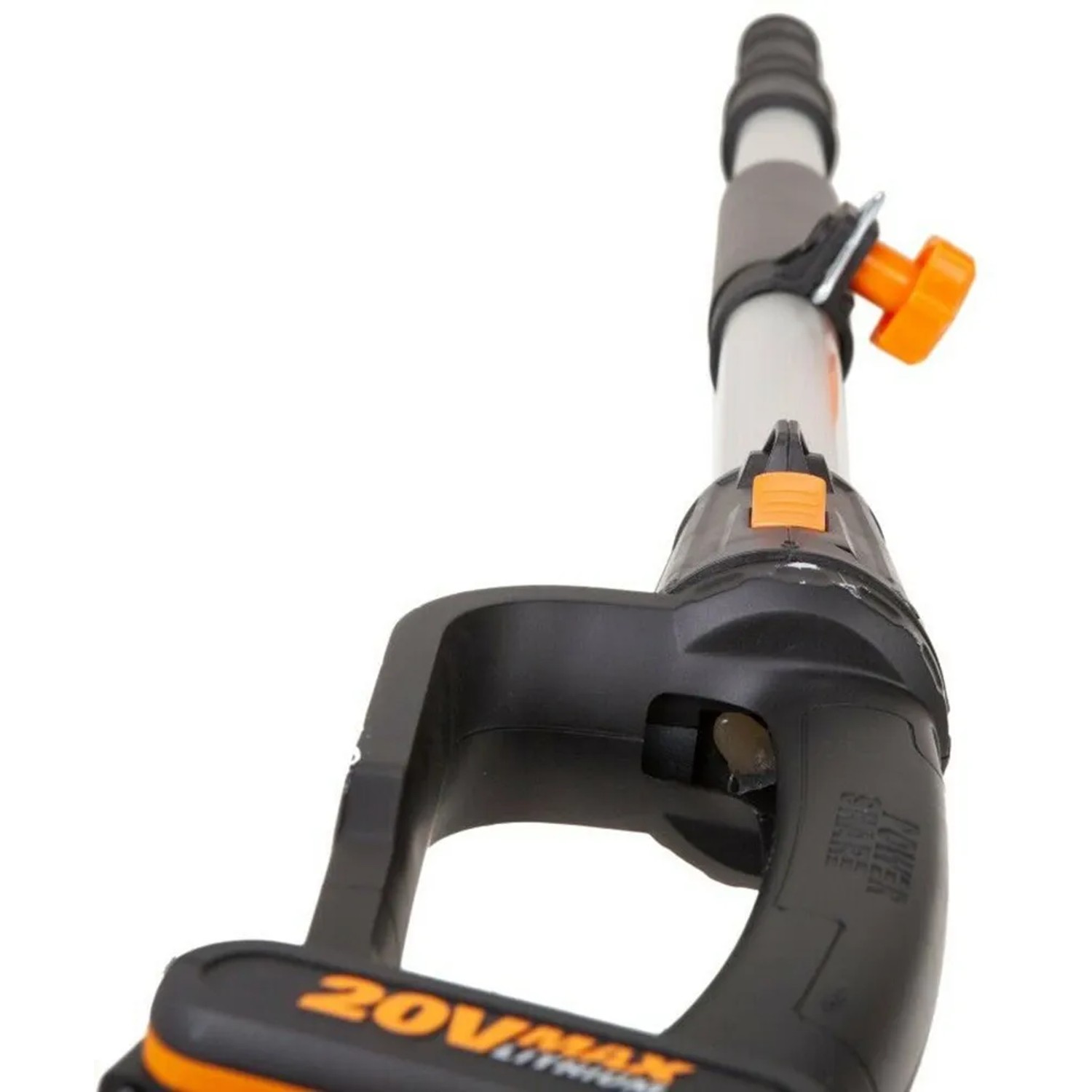 Tagliasiepi telescopico Worx WG252E.9 20V Solo, dettaglio dell'impugnatura e del palo telescopico.