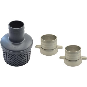 Accessori per motopompa: filtro di aspirazione e raccordi per tubo.