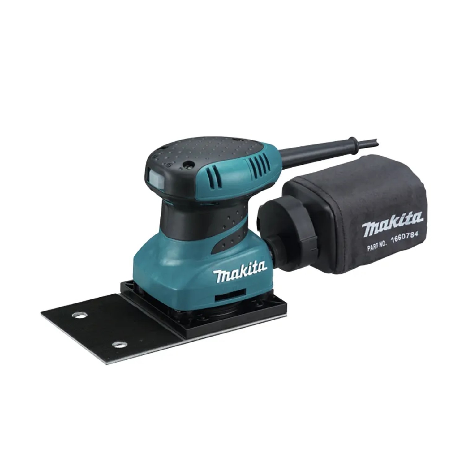 Levigatrice orbitale Makita con sacchetto raccoglipolvere, blu/nero. Utensile per levigare legno e altri materiali.