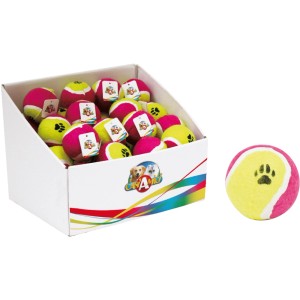 Palline da tennis rosa e gialle con impronta di zampa in scatola, gioco per gatti.