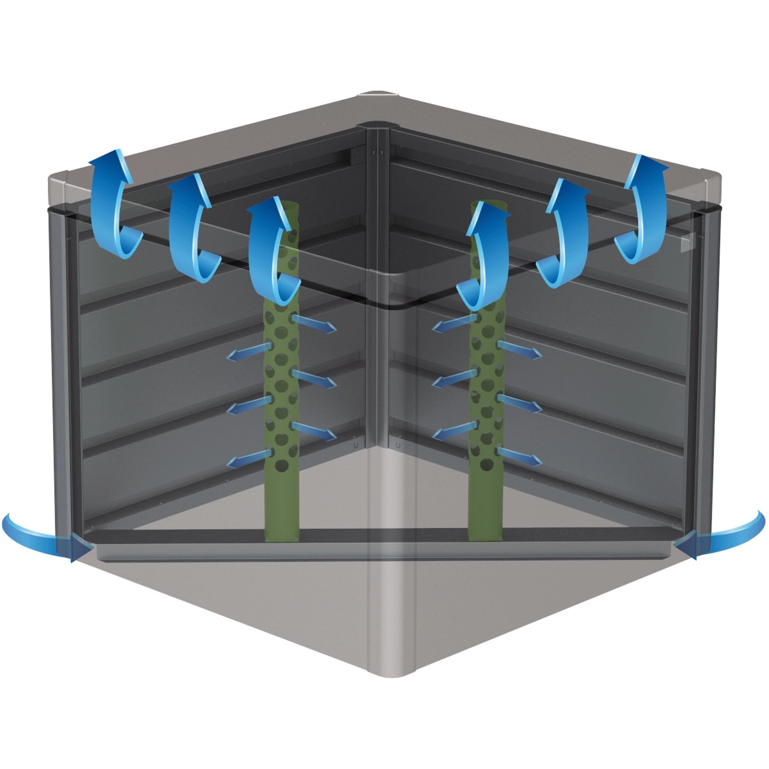 Compostiera Biohort MonAmi, grigio scuro, con tubi di ventilazione e circolazione dell'aria (frecce).