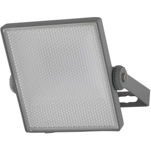 Faro da cantiere LED grigio con luce intensa e staffa regolabile.