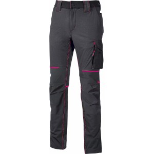 Pantaloni da lavoro t.b.t. grigi con dettagli rosa e tasca laterale.