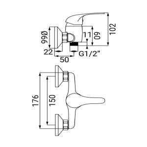 Disegno tecnico: t.b.t. rubinetto doccia con dimensioni.