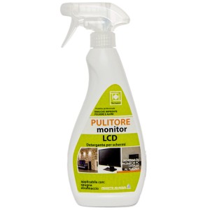Flacone spray di detergente per monitor LCD per schermi. Pulisce delicatamente e senza aloni.