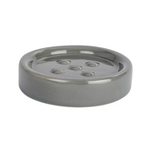 Wenko portasapone Polaris Grey in ceramica, forma rotonda con scanalature.