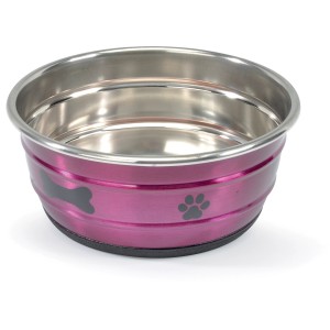 Ciotola per cani rosa con interno in acciaio inox, decorata con osso e zampa.