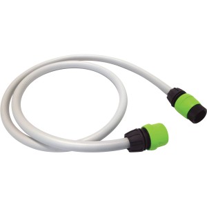 Tubo di irrigazione grigio con raccordi verdi per irrigazione giardino.