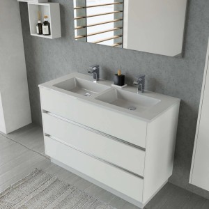 Mobile bagno bianco con doppio lavabo e tre cassetti. Arredo bagno moderno.
