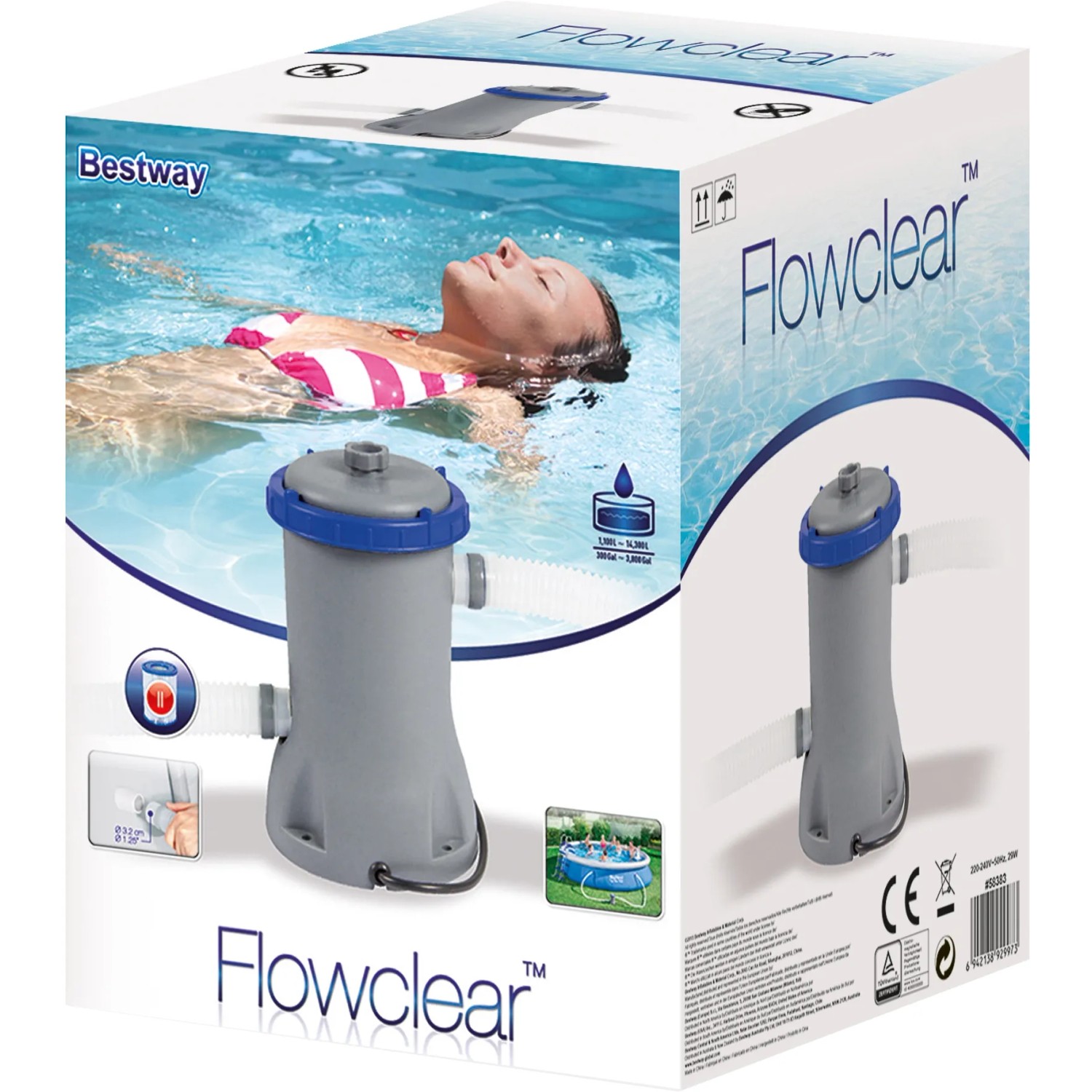 Confezione di un sistema di filtraggio a cartuccia Flowclear di Bestway, grigio con accenti blu.