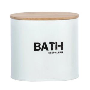 Contenitore bianco con coperchio in legno per accessori bagno, scritta BATH KEEP CLEAN.