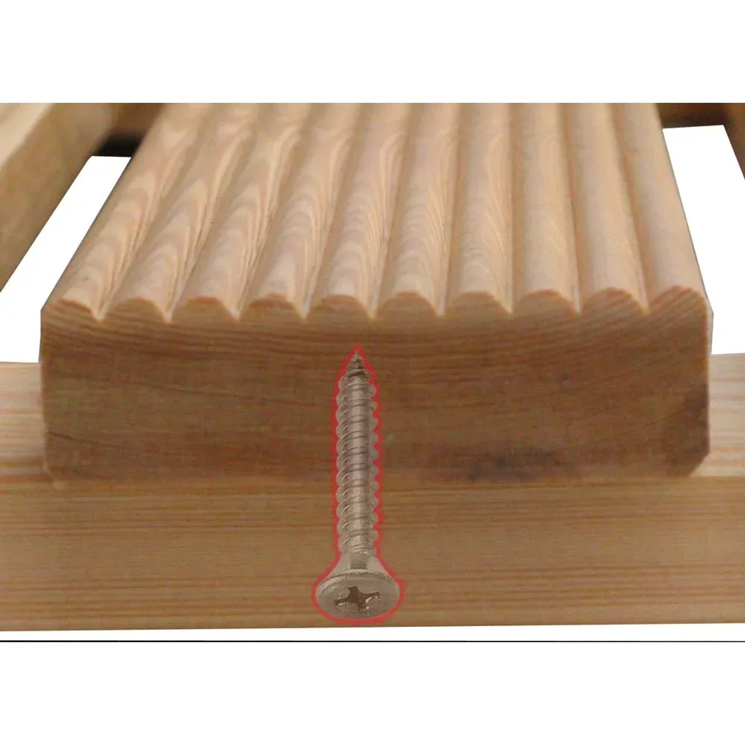 Dettaglio di una vite in una trave di legno, accessorio per doccia.