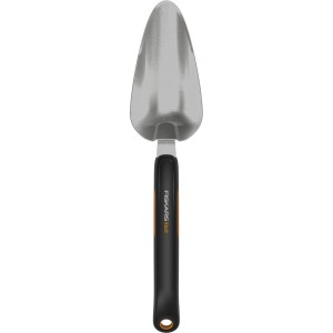 Paletta da fiori Fiskars Xact con testa in acciaio inox e manico softgrip nero.