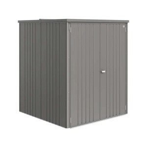 Casetta da giardino in metallo grigio con listelli verticali.