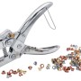 Pinza per occhielli in metallo con occhielli nei toni dell'oro, dell'argento e del bronzo.