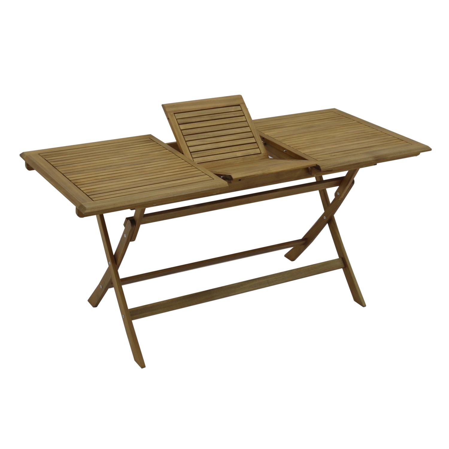 Tavolo da giardino allungabile in legno con struttura a X.