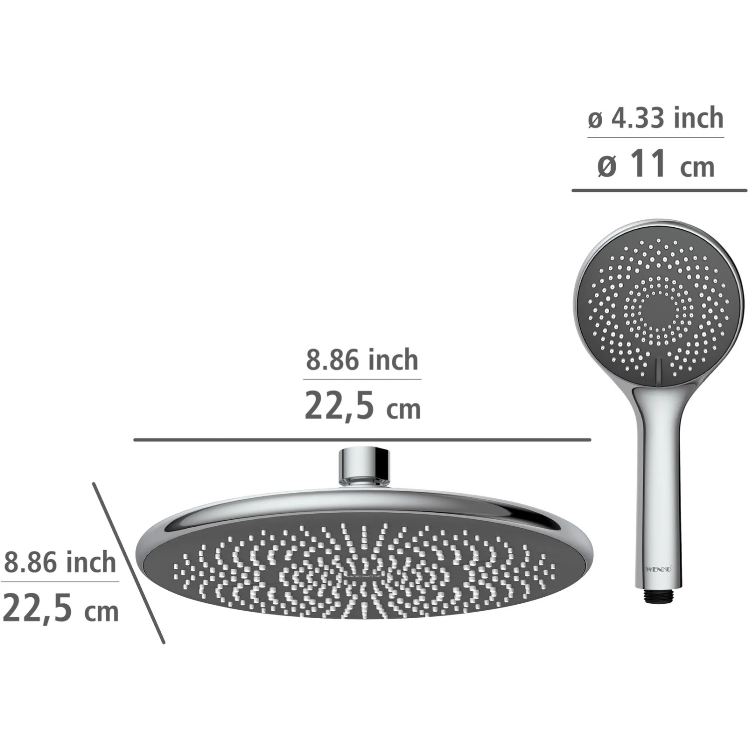 Sistema doccia Wenko Watersaving Chrome: soffione a pioggia e doccetta con dimensioni.